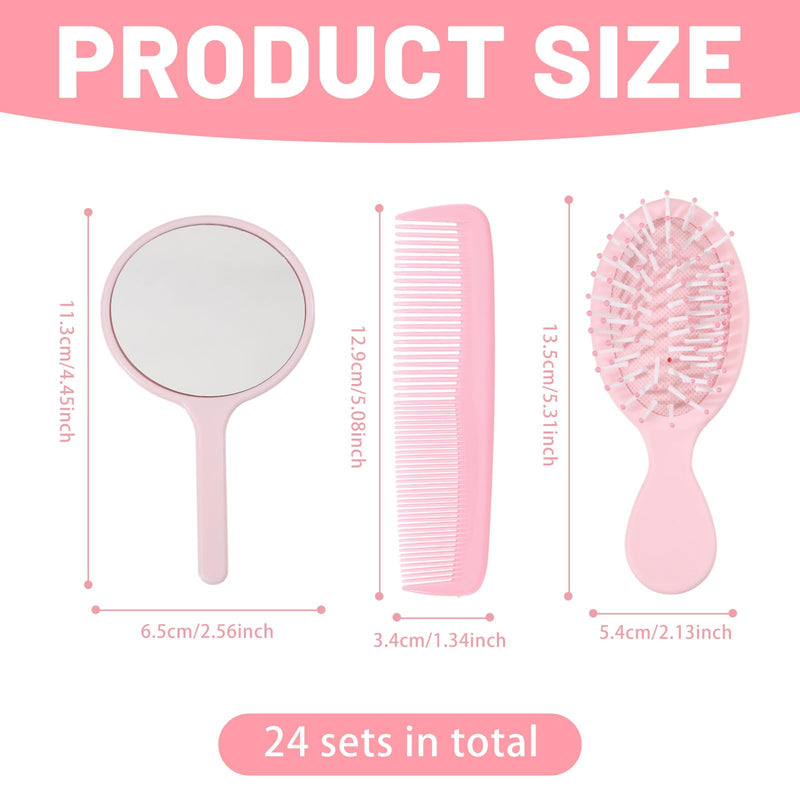 FREEBLOSS 72pcs Mini Hair Brush Set Includes 24 Detangling Hair Brushes 24 Tooth Combs and 24 Handheld Mirror for Spa Birthday Shower Party Travel Gift Box, Pink