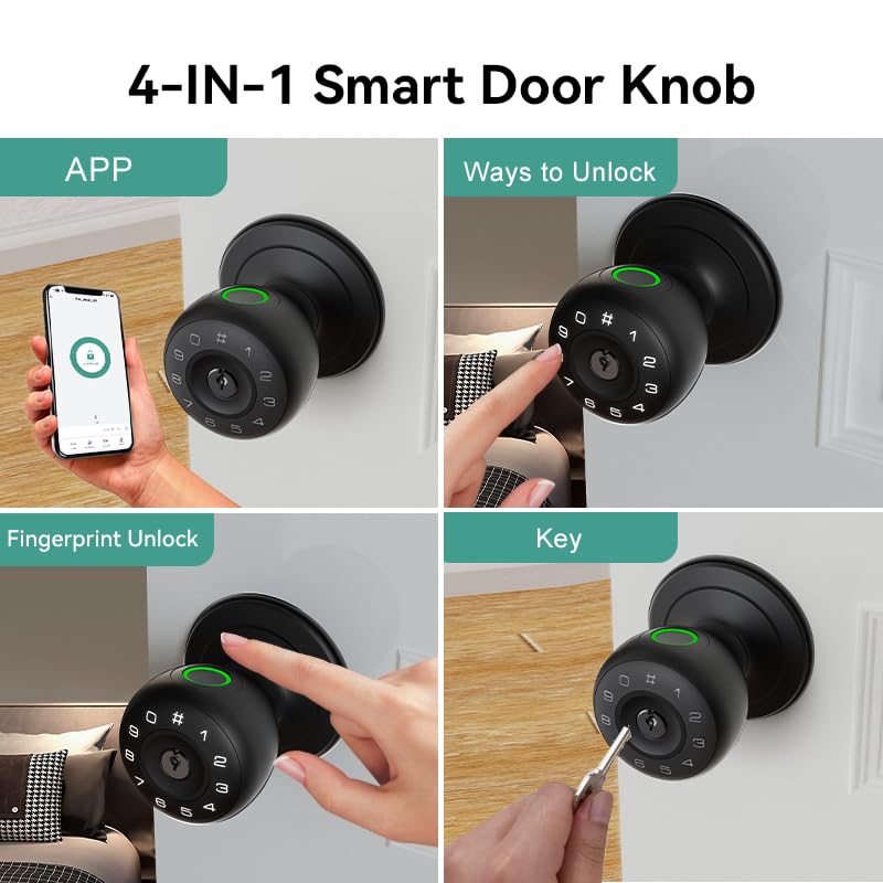 Fingerprint Door Lock,4 in 1 Smart Door Knob with Keypad Code,Biometric & App Control,Auto-Lock,Keyless Entry Door Locks for Bedroom,Home,Garage,Apartment,Office,Warehouse