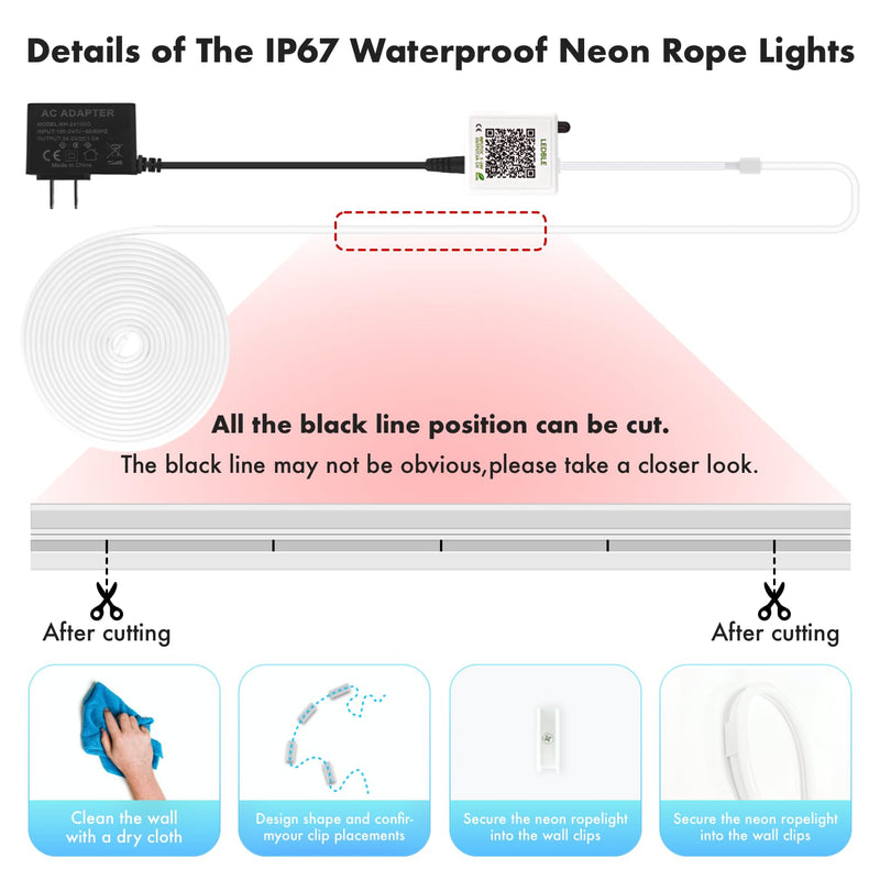 Neon Rope Lights, JIAMEI 20FT RGB LED Strip Lights, App Control, IR Remote, Music Syncing, Outdoor IP67 Waterproof, Flexible Neon Strip Lights Cuttable for Bedroom, Gaming, Party, Outdoors Decor