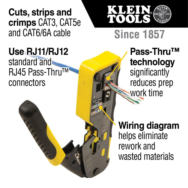 Klein Tools 80024 Ratcheting Data Cable and RJ45 Crimp Tool with CAT6 Plug 50-Pack, Pass Thru Installation Tool Kit Crimper & Plugs