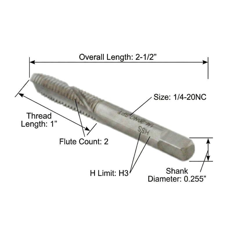 Accusize Spiral Point Tap 1/4-20NC H3 HSS 2-Flute, 10 Pc Set | ANSI Ground Plug Tap, Right-Hand Cut, Bright Finish, 2-1/2 in OAL, 1 in Thread Length, SPT-1/4-20x10
