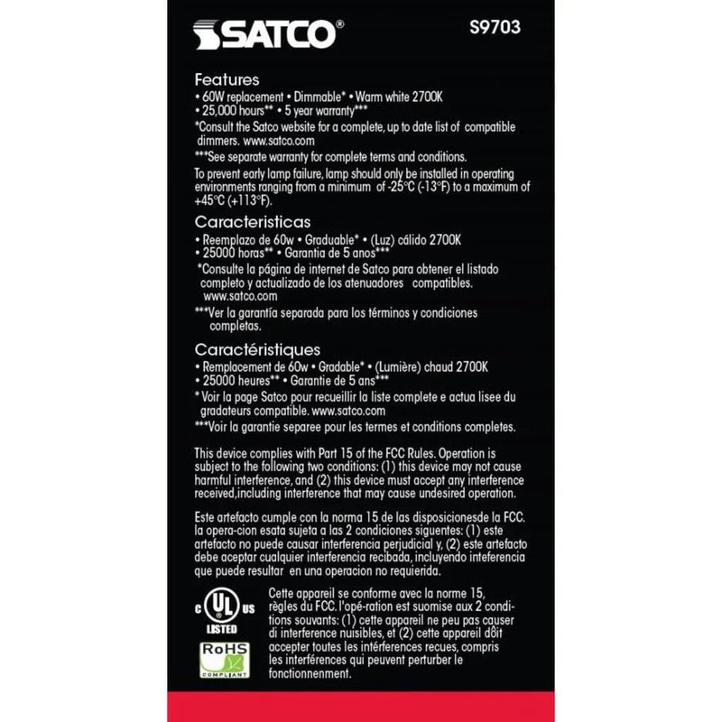 Satco S9703 10W A19 LED Light Bulb, 2700K Warm White, 800 Lumens, 90+ CRI, Frosted, 220° Beam Spread, Medium E26 Base, Dimmable, 120V, 25,000 Hr, Enclosed Fixture Rated, Energy Saving (6 Pack)