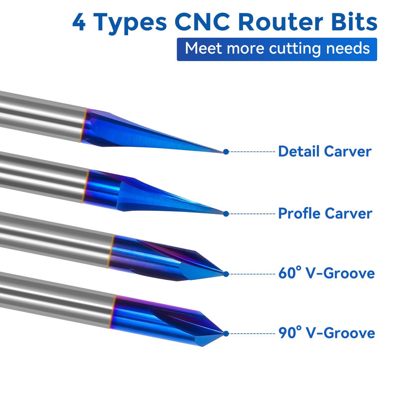 CNC Wood Carving Router Bits Set 1/4 Shank 15° Detail Carving Liner+ 20° Profile Bit+ 60° & 90° V Groove Router Bits 1/4 Shank with Nano Blue Coated, for CNC Engraving and Chamfering