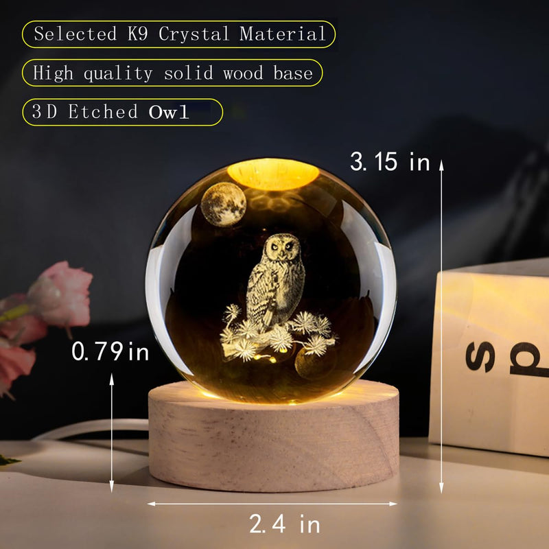3D Owl Crystal Ball Night Light with LED Stand,Crystal Owl Figurine Lamp,Laser Etched Engraved Glass Paperweight,Owl Decor Gifts for Women Kids(2.4 in)