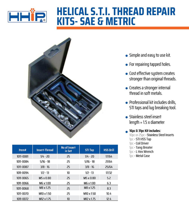 HHIP 1011-0072 16 Piece M12 x 1.75 Helical STI Thread Repair Kit M12 X 1.75 16 Pc. Kit Thread Repair Kit - Metric