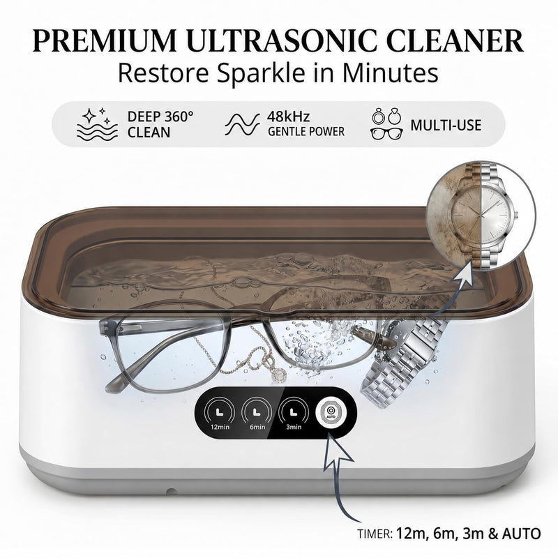 BeGrit 48KHz Ultrasonic Jewelry Cleaner, 3 Timer Modes, Stainless Steel Tank, White Cleaner with Lid & Tweezers for Rings, Glasses, Watch Bands