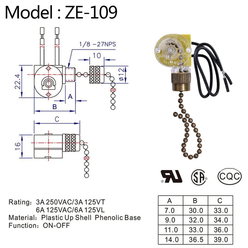 Ceiling Fan Light Switch Zing Ear ZE-109 Two-Wire Light Switch with Pull Cords for Ceiling Light Fans Lamps and Wall Lights Pull Chain Switch Control Replacement On-Off,2 Pcs Bronze