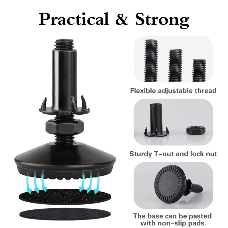 4 Set M10 Adjustable Leveling Feet, Heavy Duty Height Adjuster Furniture Leveler Foot With T Nut, Screw On Cabinet Restaurant Table Chair Self Levelers Leg (2" Base Dia & Thread Length, Black) Black Stable Leg Levelers