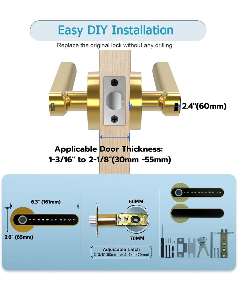 Fingerprint Handle Door Lock Smart Door Lock Levers eLinkSmart Digital Keyless Entry Door Knob Watch App Open Knob Lock for Bedroom Gold