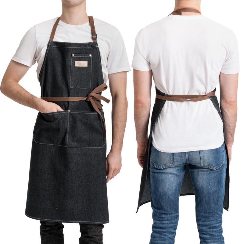 ROTANET Denim Work Apron with 3 Pockets Jean Shop Aprons for Chef Hairstylist Kitchen Woodworking for Men Women Blue Black