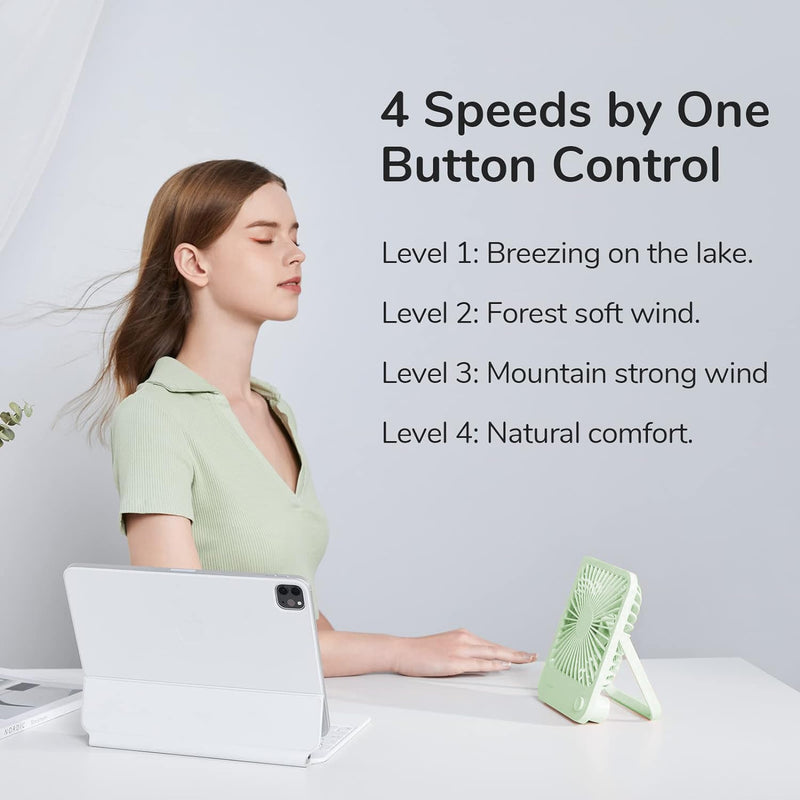 JISULIFE Desk Fan Battery Rechargeable, 4500mAh 180°Foldable Portable Personal Fan, 4 Speeds Adjustable Long Battery-life for Home Office Travel Outdoor Gifts for Women Men-Green Green