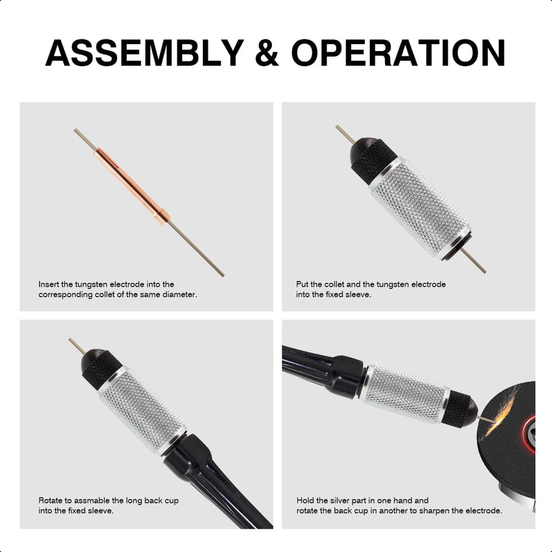 TIG Tungsten Manual Sharpener Holder TIG Collet and Long Back Cup Set TIG Grinding Set for 1/16'' 3/32'' 1/8'' Tungsten Electrode
