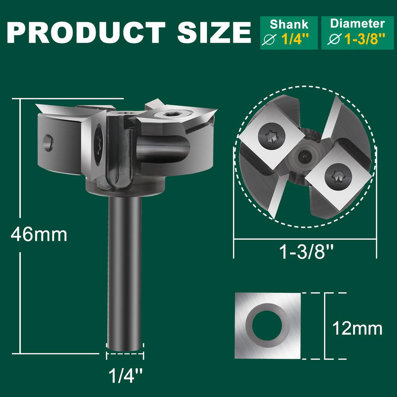 Slab Flattening Router Bits 1/4'' Shank, 1-3/8'' Cutting Diamater | CNC Spoilboard Surfacing Router Bit, CNC Router Flattening Bit for Wood Planing Woodworking Tools 1/4" Shank-1-3/8" Cut Dia. (2+2 Inserts)