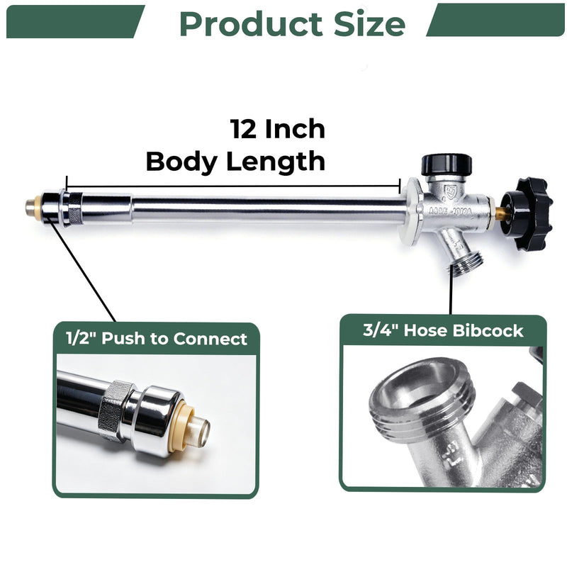 TTFLEX 12" Frost Proof Spigot 1/2" Push to Connect with 3/4" MHT Hose Bibb 1/2" Push-Fit 12 Inch