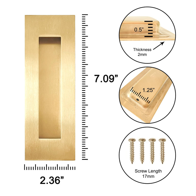 Recessed Finger Flush Pulls，Pocket Door Handles，for Sliding Barn Doors Handle, Bifold Doors Stainless Steel Rectangular Door Pulls Hardware (Gold, 7 Inch - 2p) Gold