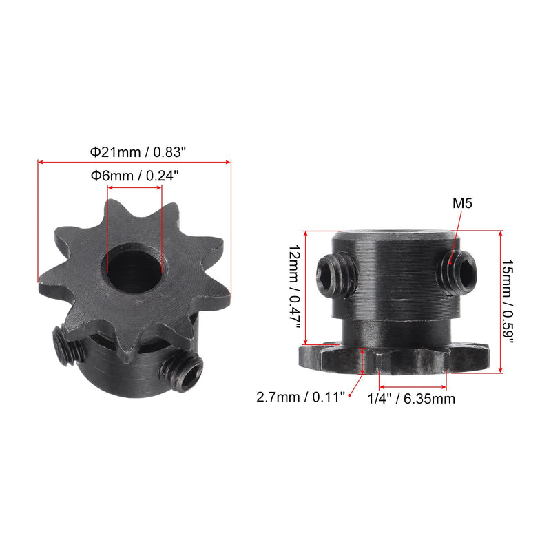 uxcell 9 Tooth Roller Sprocket B Type, #25 Chain, Single Strand 1/4" Pitch, 6mm Bore Black Oxide C45 Carbon Steel with Set Screws for ISO 04C