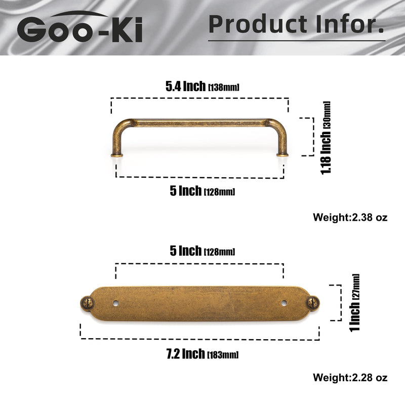 Goo-Ki 2 Pack Antique Brass Solid Zinc Alloy Cabinet Pulls with Plate, 5 Inch Hole Center Vintage Brass Drawer Pulls with Spacer Kitchen Cabinet Handles Hardware