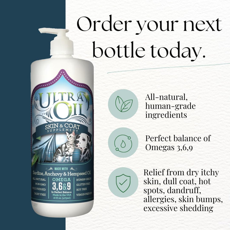Ultra Oil Skin & Coat Supplement for Dogs & Cats with Hemp, Flaxseed, Grape Seed, Fish Oils - 16oz - PawsPlanet Australia