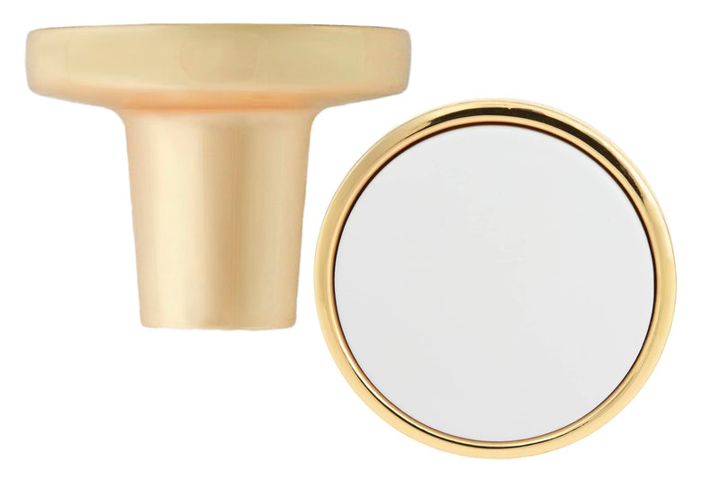 CAYBO 5 Pack 1-1/4 Inch 32mm Round Shiny Gold with White Knob for use on Your Dresser, Drawer, Kitchen, Office and Bathroom cabinets. Gold White