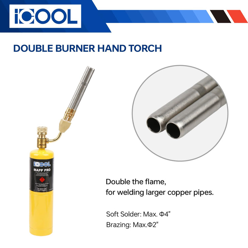 ICOOL Double Flame Hand Torch, Maximum Temperature 3600℉, Propane MAPP Gas Torch for Welding Brazing Plumbing HVAC