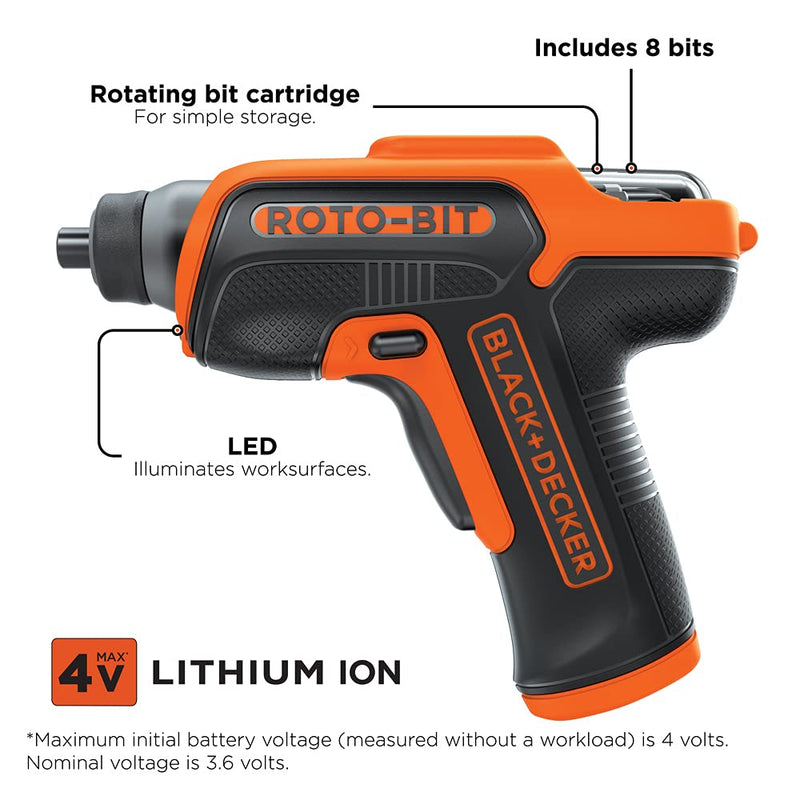 BLACK+DECKER 4V MAX Electric Screwdriver, Cordless, 180 RPM, 8 Bits With Built-In, Storage Compartment, Batteries Included (BDCS50C)