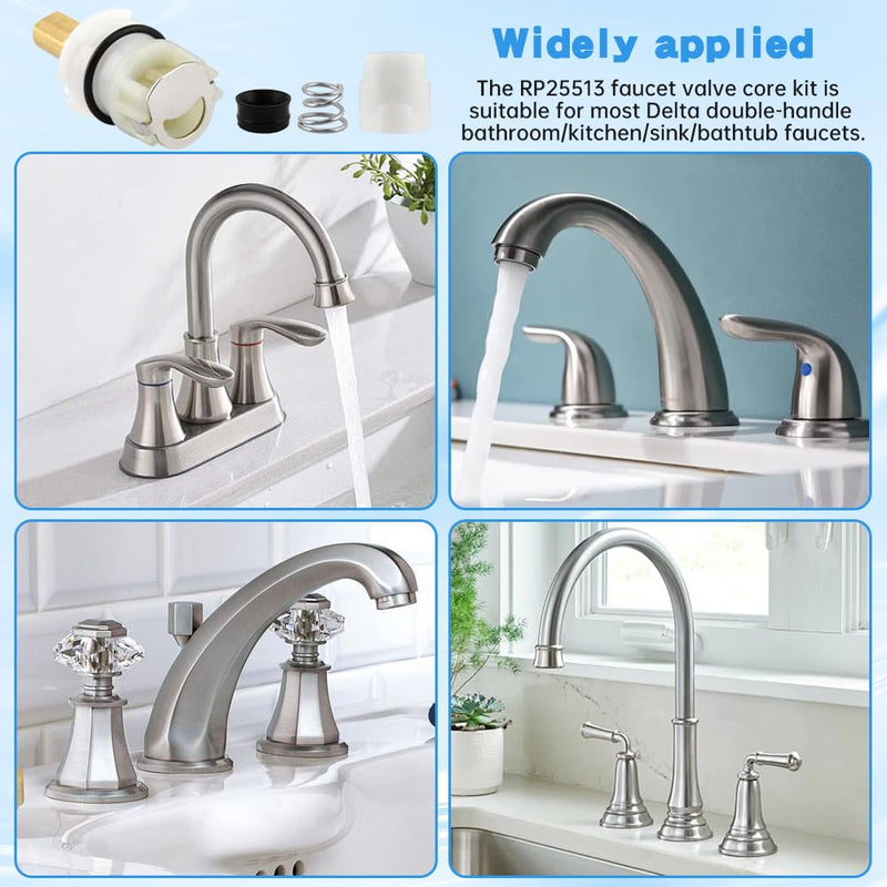 4 Pack RP25513 Faucet Stem Assembly Compatible with Del-ta Two Handle Faucet Repair Kit with RP4993 Rubber Seat, Spring and Turn stop1/4, Replacement Stems Cartridges for Bathtub Shower Sink Faucets