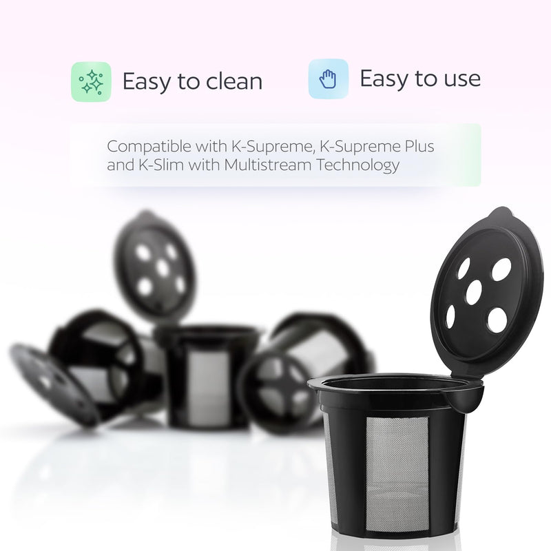 4 Reusable K Cups for Keurig K Supreme, K Supreme Plus, K Slim with Multistream Technology, K-Brew Chill, K-Duo Hot & Iced - 4 Black Refillable Kcups Coffee Filters for Keurig Coffee Makers 4 black k cups