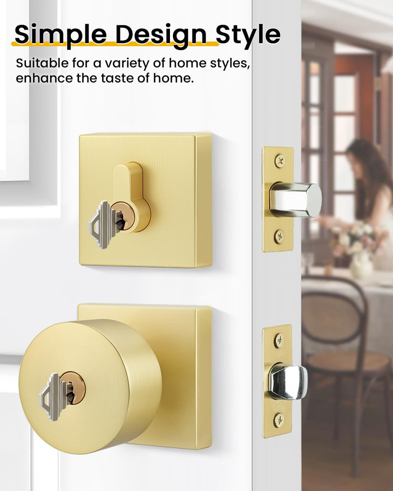Goldenwarm Gold Exterior Door Knob with Deadbolt, Heavy Duty Front Door Knob and Deadbolt Set, Keyed Alike Brushed Gold Exterior Door Lock Set - Single Cylinder, Zinc-Alloy 1 Pack