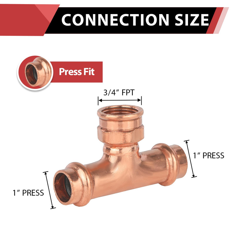 1Pcs EFIELD Copper Press Female Tee, 1"P x 1"P X 3/4"FNPT(PRESS081-1) 1"x1"x3/4" Female