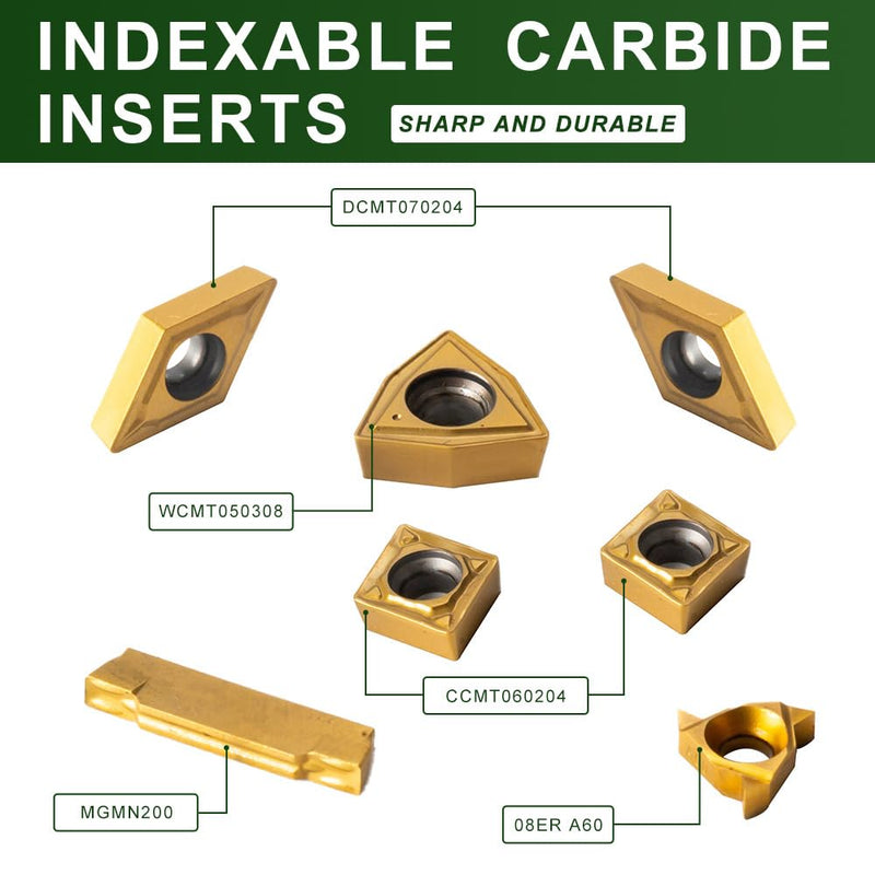 Indexable Lathe Turning Tool-1/4" Shank 7 Pieces Carbide Turning Tool Set, CNC Heavy-Duty Metal Lathe Cutting Tools for Turning Grooving Threading Cutting with Tin Coated Carbide Inserts