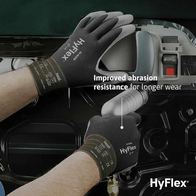 Ansell HYFLEX 11-600 Light Duty Nylon Industrial Gloves w/Palm Coating for Metal Fabrication Size 10 (XL) 12 Pair Black