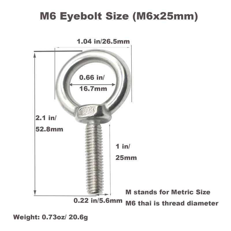 10 Packs M6 Stainless Eyebolt 1"(25mm) Long Male Screw Thread Ring Shoulder Eye Bolts M6*25mm(1")-10PCS