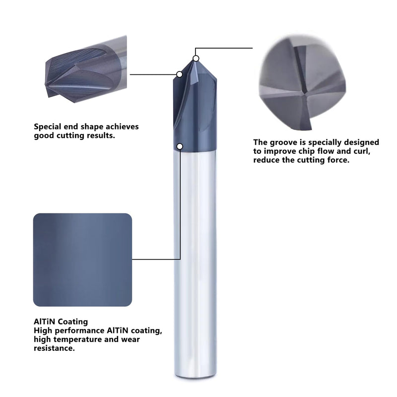 Carbide Chamfer End Mill 90 Degree 1/4" Shank Dia - V Groove, AlTiN Coated 4 Flute - for Alloy Steels,Hardened Steels 1/4 in 90°