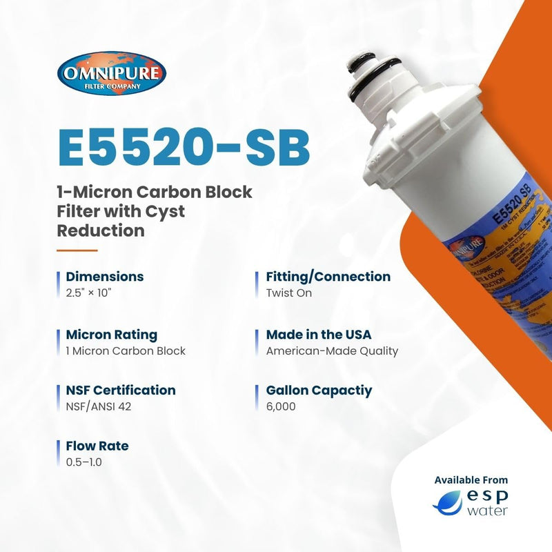 Omnipure E5520-SB Carbon Block Water Filter 1 Micron 10 x 2.5 Twist and Lock Cartridge Reduces Chlorine Improves Taste and Odor Quick Change Replacement