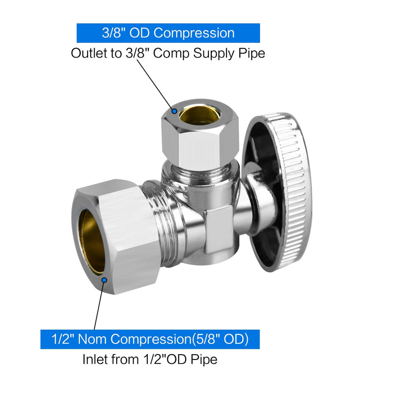 Stop Valves, 2 Pack 1/2" × 3/8" Angle Stop Valve, 1/2" Nominal (5/8" OD Comp.) Angle Input, 3/8" OD Compression Output, 1/4 Turn, Chrome Plated Brass for Kitchen, Faucet, Toilet Valves 2 Pack Nominal Angle Valve