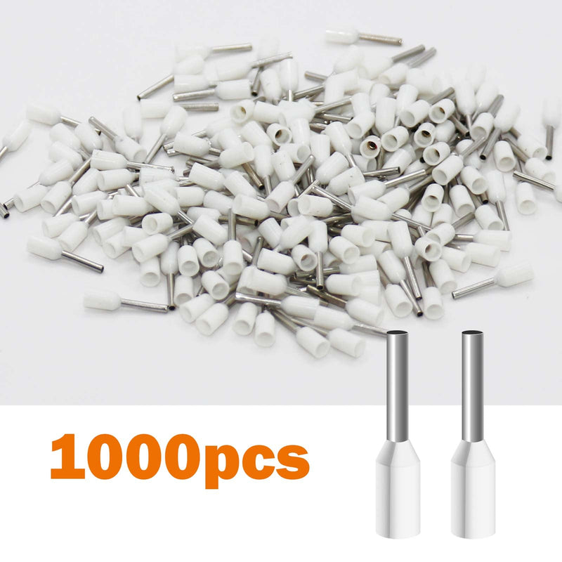 Fidioto AWG22 Wire Ferrules Terminals, 1000pcs AWG22 Terminal Connector Wire Insulated Cord Pin Ends Terminals for Electric, Industrial, Chemical Industry, Power Control System, etc. 22AWG White