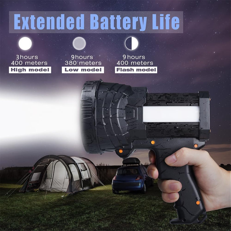 YIERBLUE Rechargeable Spotlight, Super Bright 1000000 High Lumen LED Handheld Spotlight Long Lasting Large Flashlight Searchlight and Flood Camping Flashlight with Foldable Tripod Silver