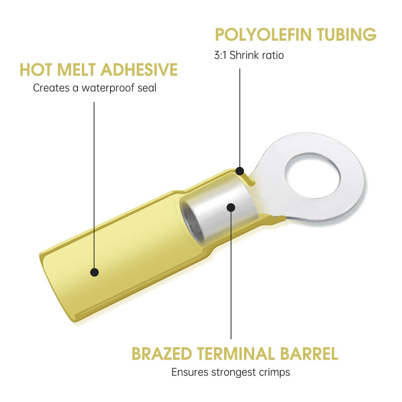 50 Pack Heat Shrink Ring Terminals - 1/4" - Yellow 12-10 AWG Marine Grade Heat Shrink Wire Connectors - Tinned Red Copper Eyelet Wire Connectors Ring 1/4" 50