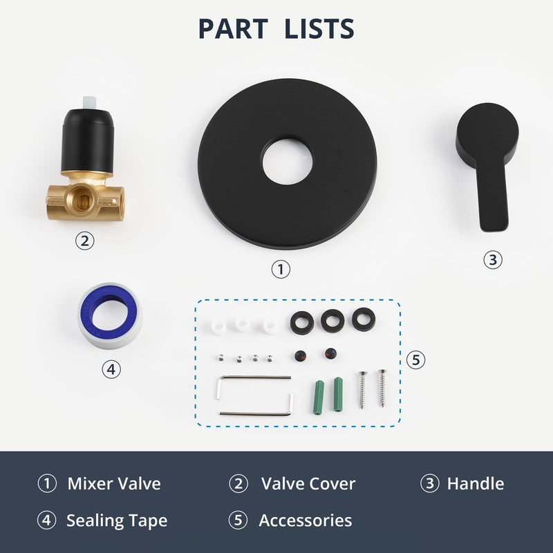 Shower Valve Handle Bathroom Shower Mixer Valve Kit, Wall Mount Rough-in Tub Shower Control Valves Round 1 Way Single Function, Female Thread, Matte Black 1 Way Female Thread