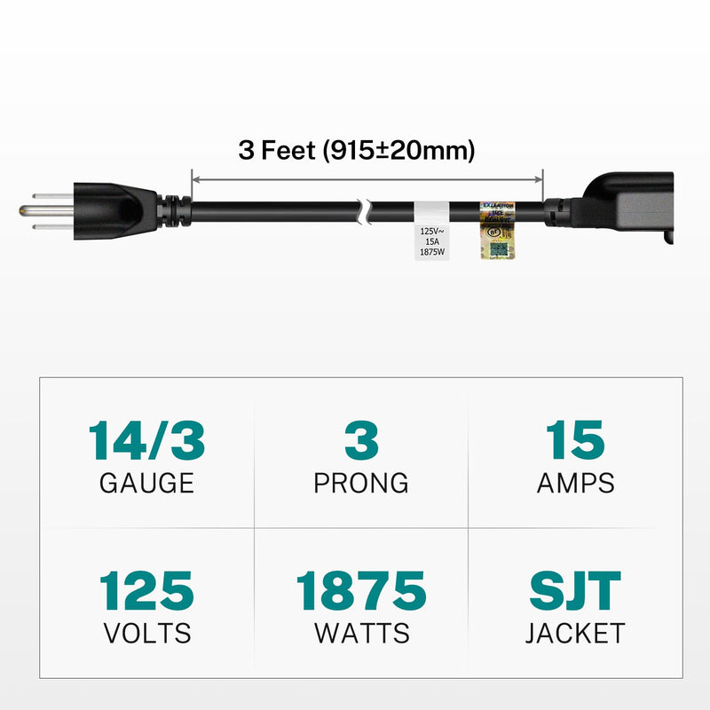 FIRMERST 1875W Heavy Duty Extension Cord 3 Feet 14 AWG 15A Black
