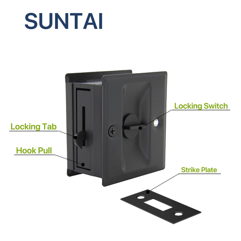 SUNTAI Privacy Sliding Door Lock with Pull, Solid Brass Pocket Door Privacy Lock, 2-3/4”x2-1/2”, for 1-3/8” Thickness Door, Matte Black, 4 Pack