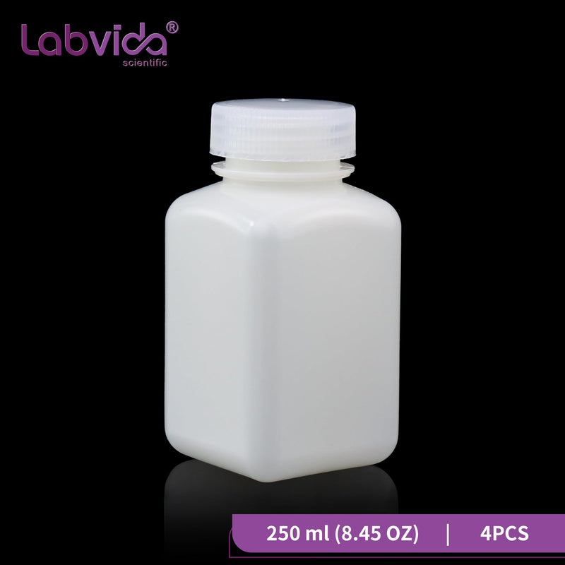 Square Reagent Bottle HDPE Wide Mouth Plastic Bottle, 4 pcs of 250ml Sample Sealing Storage Container for Laboratories, Classrooms, or Storage at Home, LVAM001 Vol. 250ml, 4pcs