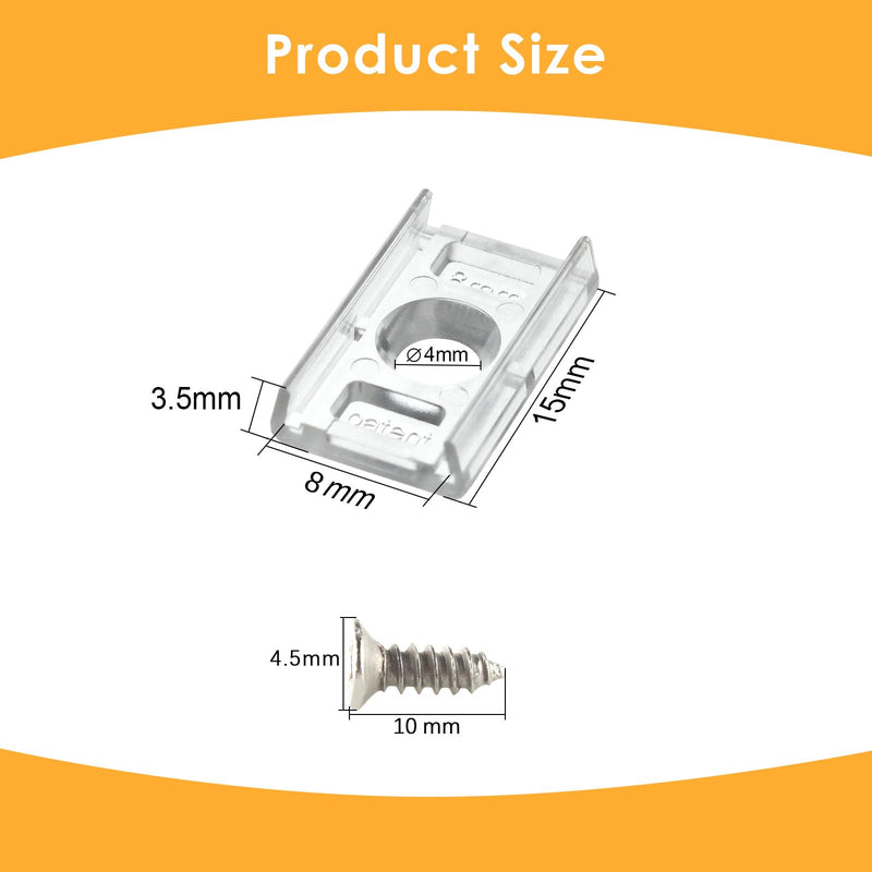 VIPMOON 100pcs Clear LED Strip Light Mounting Clips 8mm Width Holders and 100pcs Compatible Stainless Steel Phillips Screws Mounting Brackets for Waterproof or Non-Waterproof 3528 5050 5630 8mm wide