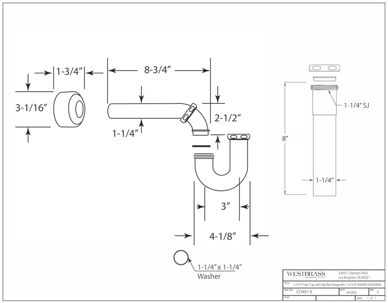 Westbrass CO401-8-05 1-1/4" Brass Bathroom Sink P-Trap with 8" Slip Joint Extension Tube, Polished Nickel 1 Pack