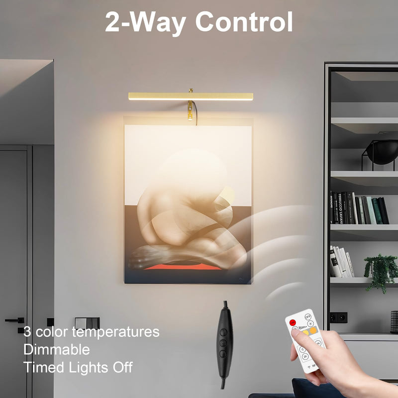 Plug in Picture Lights for Wall, 16 inch Dimmable LED Art Light with Remote, 3 Colour Temperature Gallery Painting Wall Light for Picture Display Dartboard Art Work (Gold) Gold