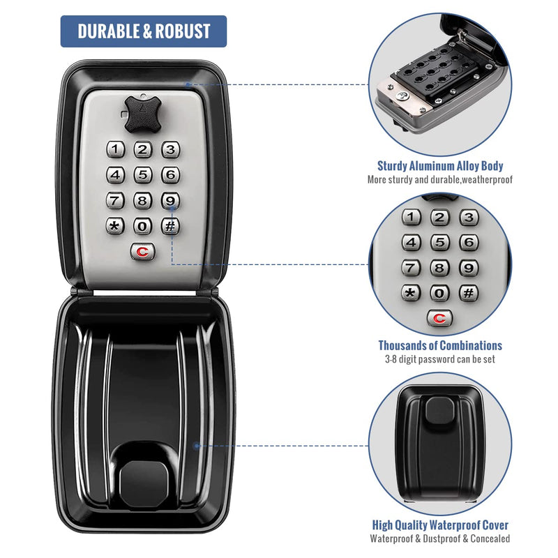 HUANLANG Key Lock Box for Outside, 12-Digit Combination Lock Box Waterproof Lockbox with Code,Key Hider Safe for Home Garage Office Hang Ring-Grey