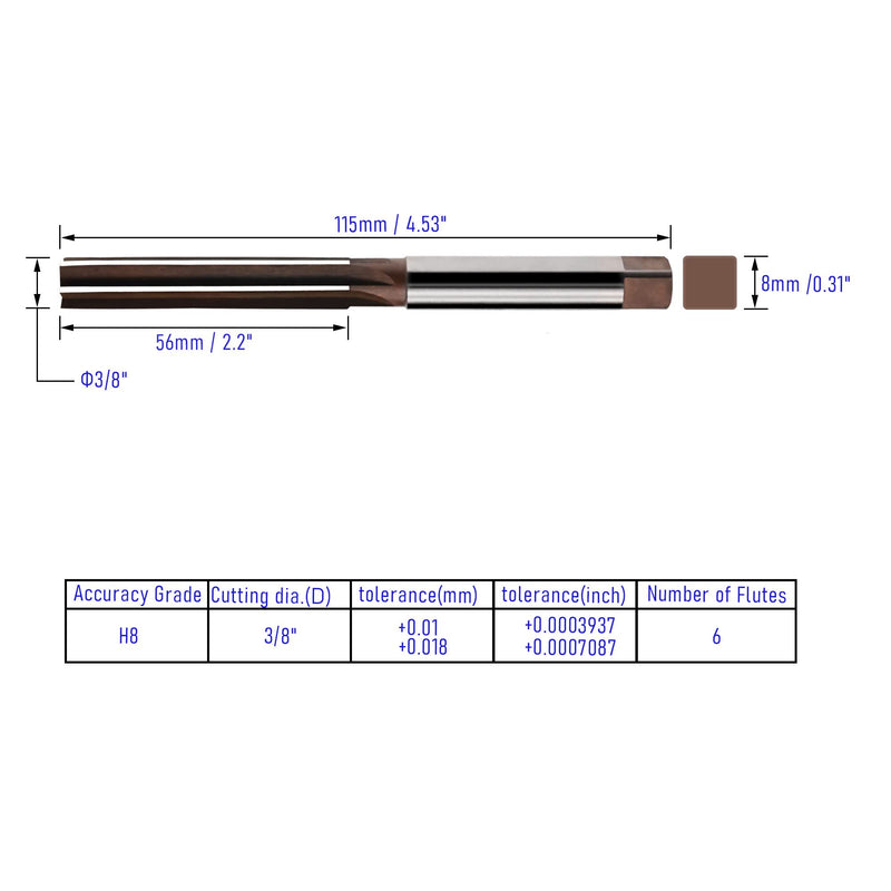 Hand Reamer 3/8" Alloy Tool Steel 9Crsi H8 6 Straight Flutes Hand Milling Cutter Tool 3/8 inch