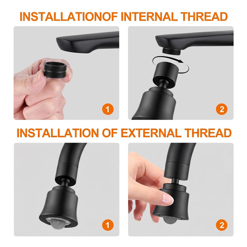 2 Pack Metal Faucet Aerator - Dual Modes Sink Sprayer Attachment for Bathroom - 360° Swivel Kitchen Faucet Sprayer Attachment - Anti-clogging Design - Black 2