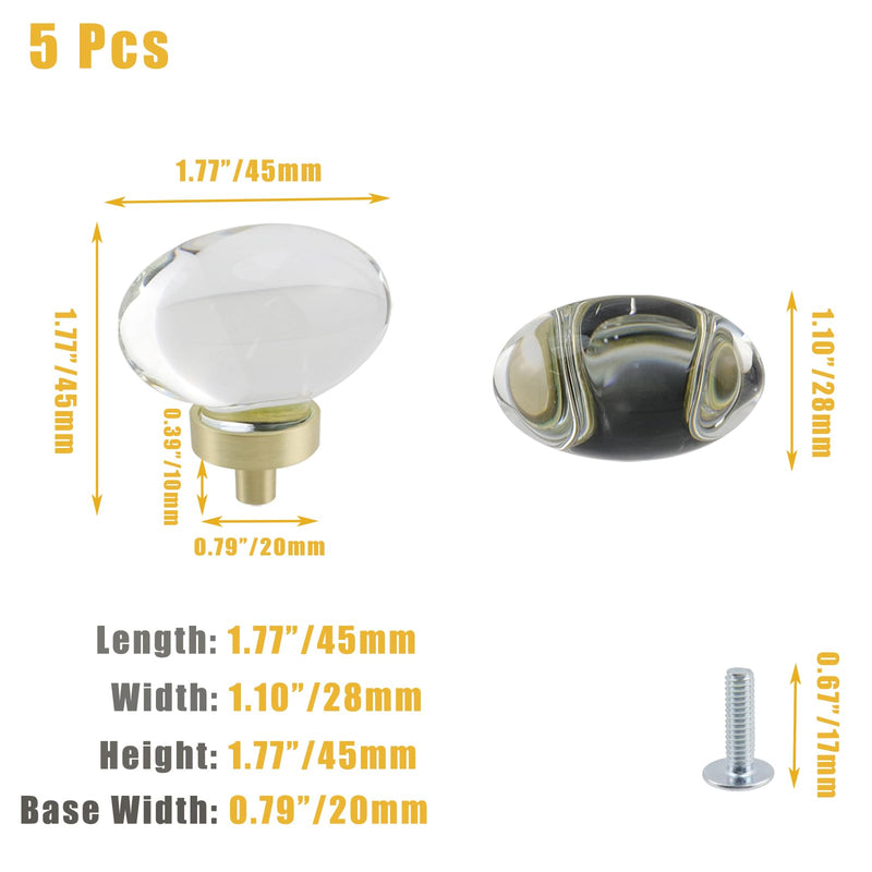 5 Pack Crystal Cabinet Knobs, Oval Crystal Knobs for Dresser Cabinet Wardrobe Hardware Accessories, Brass Furniture Hardware Pulls（Pigeon Egg Shape） Transparent