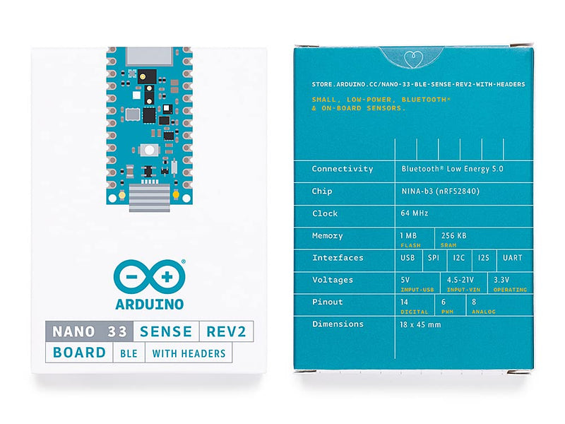 Arduino Nano 33 BLE Sense Rev2 with Headers [ABX00070] - AI Microcontroller with Sensors, Bluetooth, for Wearables, Gesture & Voice Recognition